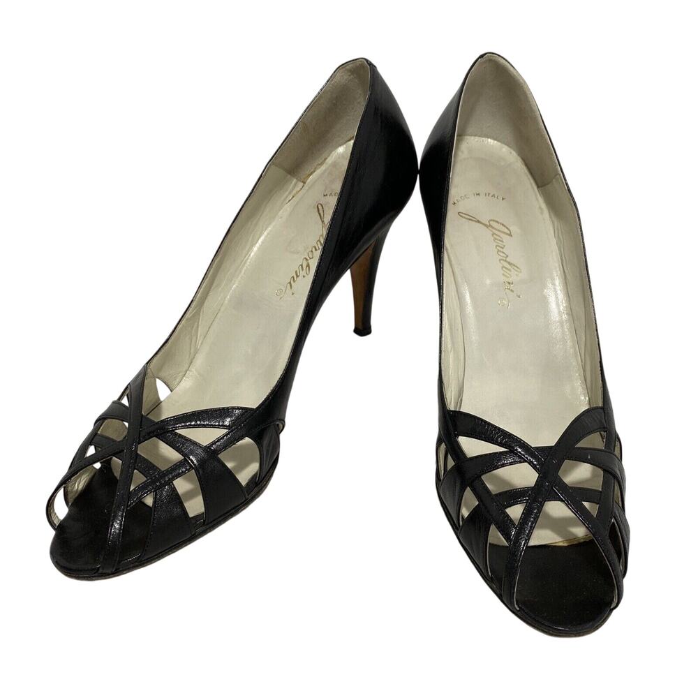 Vintage Garolini black Italian leather high heel shoes open toe pump cutout 9.5N